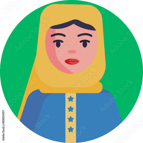 Depicts a woman wearing a colorful kaftan and a headscarf, reflecting traditional Moroccan attire.