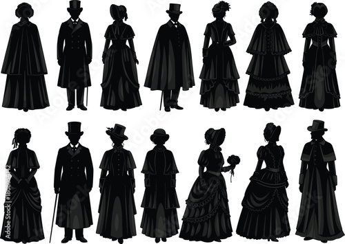 Set of Victorian era silhouettes featuring men and women in vintage historical costumes, retro 19th century fashion style collection, vector illustration