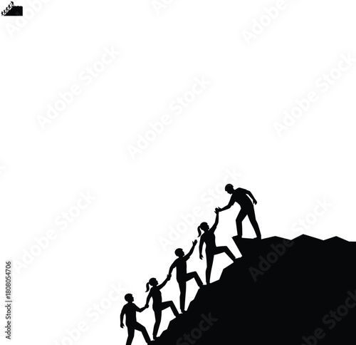Silhouette of a business team helping each other hike up a mountain cliff, representing teamwork, partnership, leadership, and achieving success together, vector illustration