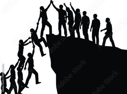 Silhouette of a large group climbing a cliff, helping each other and celebrating with high fives, symbolizing teamwork, community, and achieving success, vector illustration