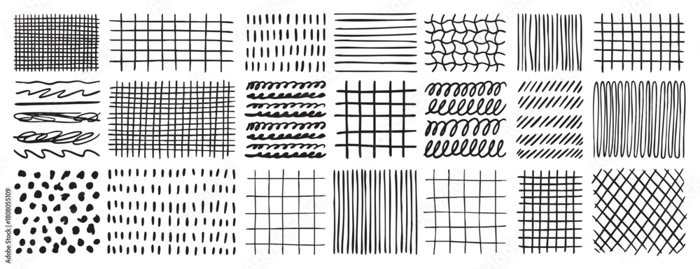 Fototapeta premium Hand drawn grids patterns set. Doodle pencil texture collection. Abstract line backgrounds for design