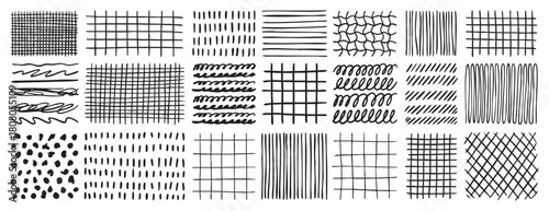 Hand drawn grids patterns set. Doodle pencil texture collection. Abstract line backgrounds for design