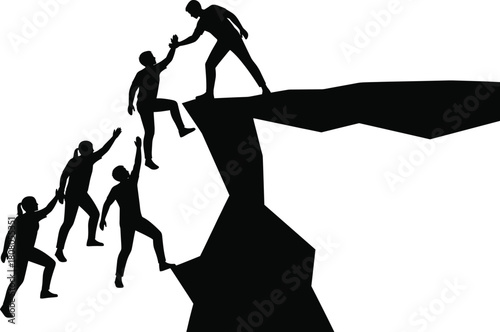 Silhouette of a team climbing a steep cliff, helping each other reach the top, symbolizing leadership, partnership, and business success, vector illustration