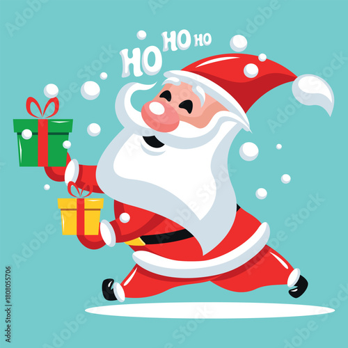 Cool mascot of a cheerful running Santa Claus with gifts