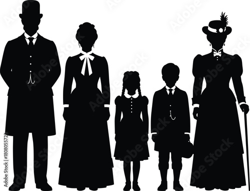 Silhouette of a vintage Victorian family featuring parents, children, and grandmother wearing historical 19th century fashion costumes, vector illustration design