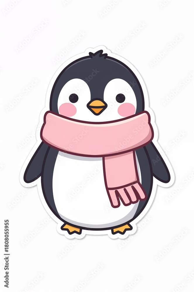 Obraz premium Cute Winter Penguin with Pink Scarf – Kawaii Christmas Character Illustration. perfect for sticker