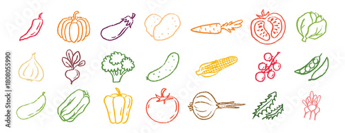 Vegetables icons chalk hand drawn doodle set. Drawing crayon vegetables 