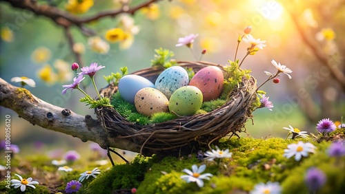 Easter nest with painted eggs and flowers on a mossy branch