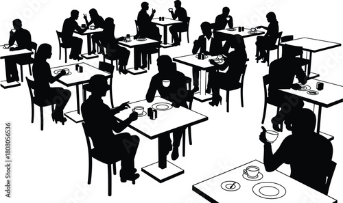 Silhouette of people sitting at tables in a busy restaurant or cafe, eating and drinking, representing social dining, lunch break, and communication, vector illustration