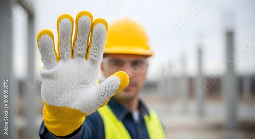 Worker Hand Stop Signal - Safety First at Construction Site with High Visibility Gear