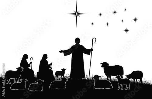 Silhouette of shepherds watching their flock of sheep by night under the star of Bethlehem, biblical Christmas nativity scene, religious vector illustration.