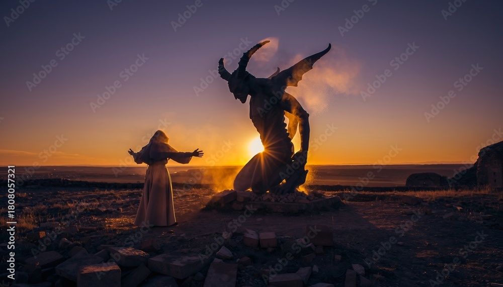 Obraz premium Solitary Gregorian monk witnesses dramatic supernatural manifestation during golden hour desert meditation