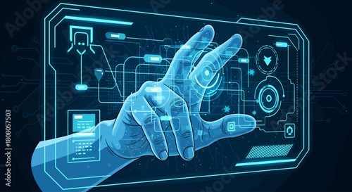 Hand interacting with a high-tech holographic display, a concept of future user interfaces and virtual reality