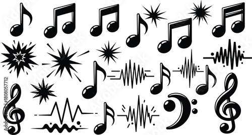 Collection of hand drawn musical notes in black ink isolated on white background