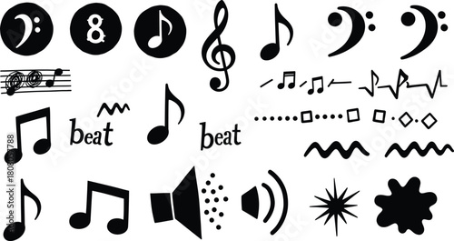 Set of hand drawn music notes and symbols isolated on white background vector elements for music design, melody, sound, and rhythm