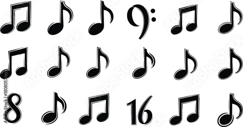 Collection of hand drawn musical notes in black ink isolated on white background