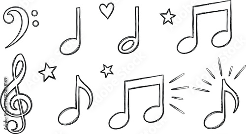 Hand drawn musical notes with grunge style isolated on white background for decoration
