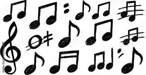 Collection of hand drawn musical notes with grunge style isolated on white background