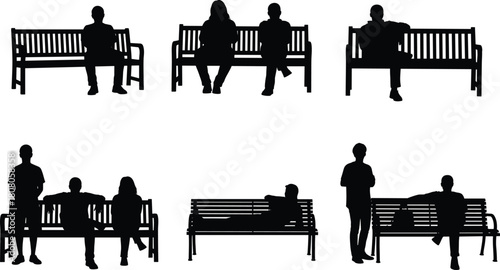 Silhouette vector set of people on park benches, sitting and standing figures, relaxing outdoors, urban furniture collection, public waiting seat, black design elements.