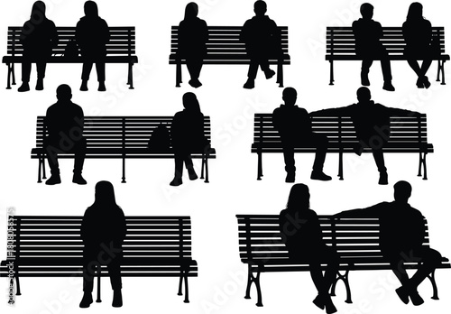 Silhouette vector set of people sitting on park benches, couples and individuals relaxing outdoors, urban furniture collection, public waiting seats, black figures.