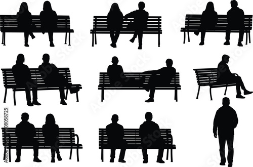 Silhouette vector set of people sitting on park benches, couples relaxing outdoors, urban furniture collection, waiting public seat, black design elements.