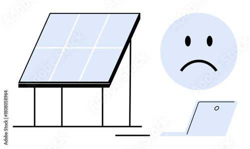 Solar energy concept. Solar panel next to a sad face and laptop, performance issues in energy systems. Solar energy efficiency, troubleshooting, or maintenance. For energy, technology, environment