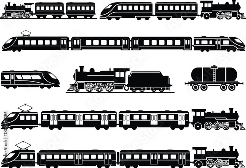 Silhouettes of vintage and modern trains including steam engines, passenger cars, tankers, and high-speed locomotives in vector illustration set
