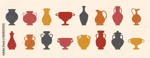 Textured ceramics vase silhouette set. Ancient amphora, greek antiques vases. Different old pottery and vessels, clay pitchers, jug. Creative decor flat vases shapes 