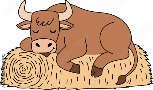 Cute Cartoon Bull Sleeping Peacefully on a Hay Bale
