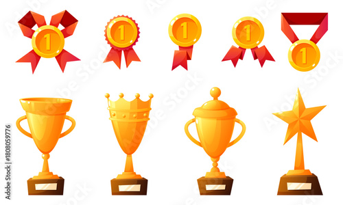 A collection of various award trophies and medals. Includes gold cups, stars, and ribbons. Represents achievement and competition. Vector illustration