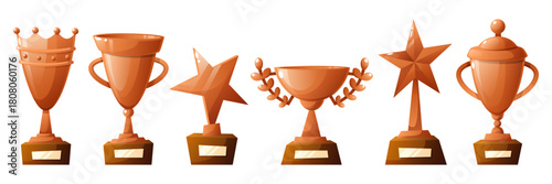 A collection of six trophy designs in a bronze color. The trophies vary in shape, including cups, stars, and decorative elements, symbolizing achievement and competition.