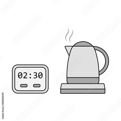 Kettle timer illustration. Kettle with small countdown timer beside it. Hot water boil tool icon. Brewing time helper graphic. Simple kettle timing display.