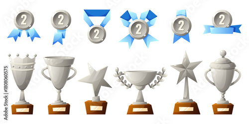 Collection of silver trophies, medals, and ribbons. Various designs include cups, stars, and decorative elements. Ideal for awards and competitions.