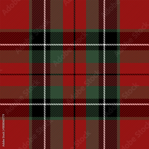Christmas and new year tartan plaid. Scottish pattern in black, red, green and white cage. Scottish cage. Traditional Scottish checkered background. Seamless fabric texture. Vector illustration