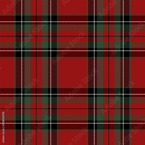 Christmas and new year tartan plaid. Scottish pattern in black, red, green and white cage. Scottish cage. Traditional Scottish checkered background. Seamless fabric texture. Vector illustration
