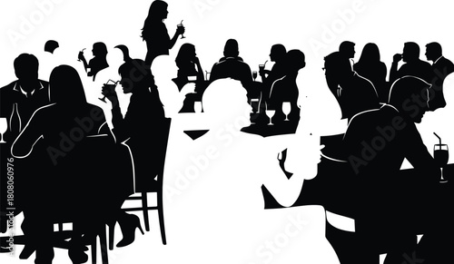 Vector illustration of a large crowd of people silhouettes dining in a restaurant, drinking alcohol, sitting at tables, and socializing during a busy nightlife event.
