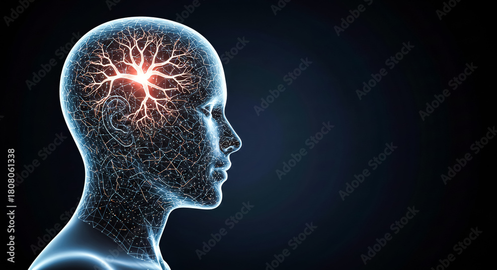 Obraz premium Digital human head with glowing brain activity on a dark blue background design on transparent background