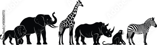 Vector illustration of black silhouettes representing African safari animals standing in a row, including lion, elephant, giraffe, rhino, monkey, and zebra, white background.