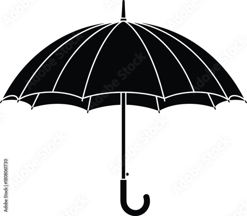 Vector illustration of open black umbrella silhouette with handle, isolated on white background for autumn rain protection and weather safety design.