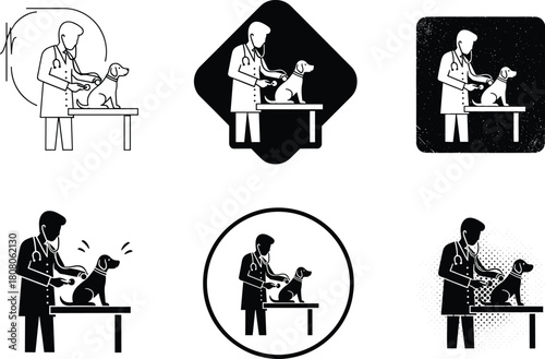 Veterinarian doctor examining dog with stethoscope, vector illustration set, pet clinic logo collection, animal healthcare silhouette, black and white veterinary design icons.