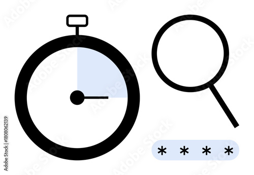 Stopwatch tracking time, magnifying glass for search, password field with masked characters. Ideal for security, privacy, time efficiency, research, investigation, data protection authentication