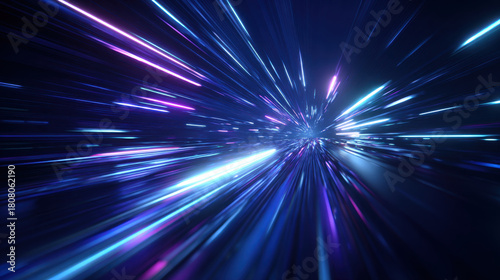 Neon light streak warp speed tunnel motion blur futuristic trail glowing streak blue purple glow