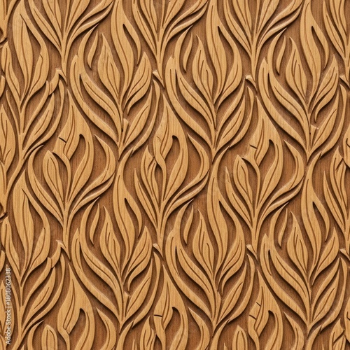 Seamless Wooden Carved Floral Pattern with Abstract Leaf Motifs and Natural Wood Grain Texture.