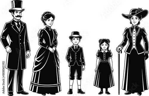 Vintage Victorian family characters illustration featuring parents, children, and grandmother wearing 19th century historical fashion costumes, black and white vector art design
