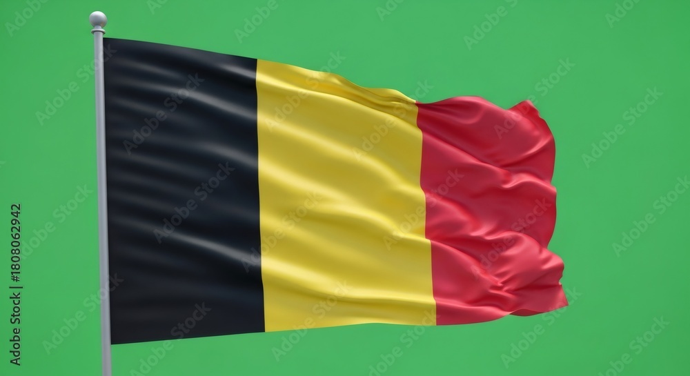 Obraz premium Belgium flag waving on a pole with a green background for chromakey. National symbol for independence day.