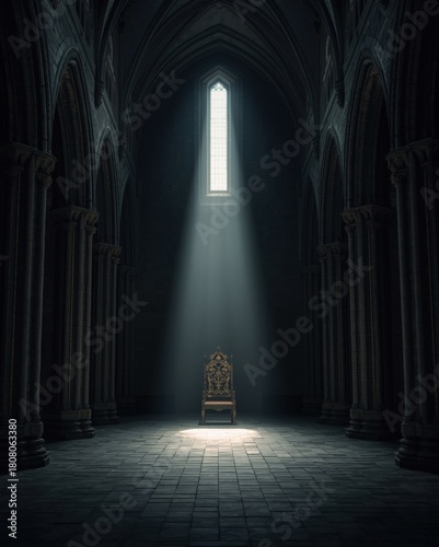 Dramatic Interior View of a Gothic Cathedral with a Single Chair Illuminated by Sunlight