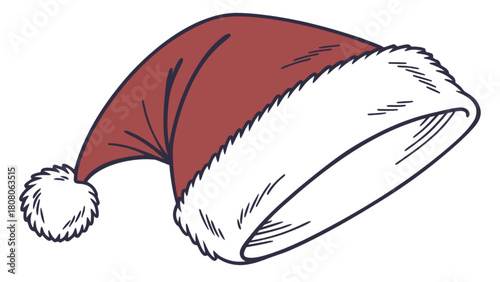 Illustration of a santa hat with a red top and white fur trim and a fluffy white pom pom on the end