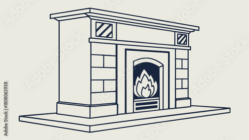 Illustration of a fireplace with a burning fire and stone brickwork in a line art style design