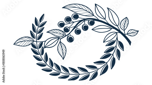 Illustration of a decorative laurel wreath with leaves and berries in a circular arrangement design