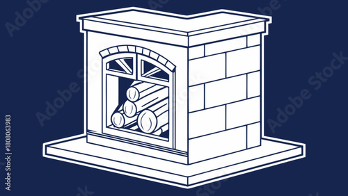Illustration of a white outlined fireplace with logs on a dark blue background design element